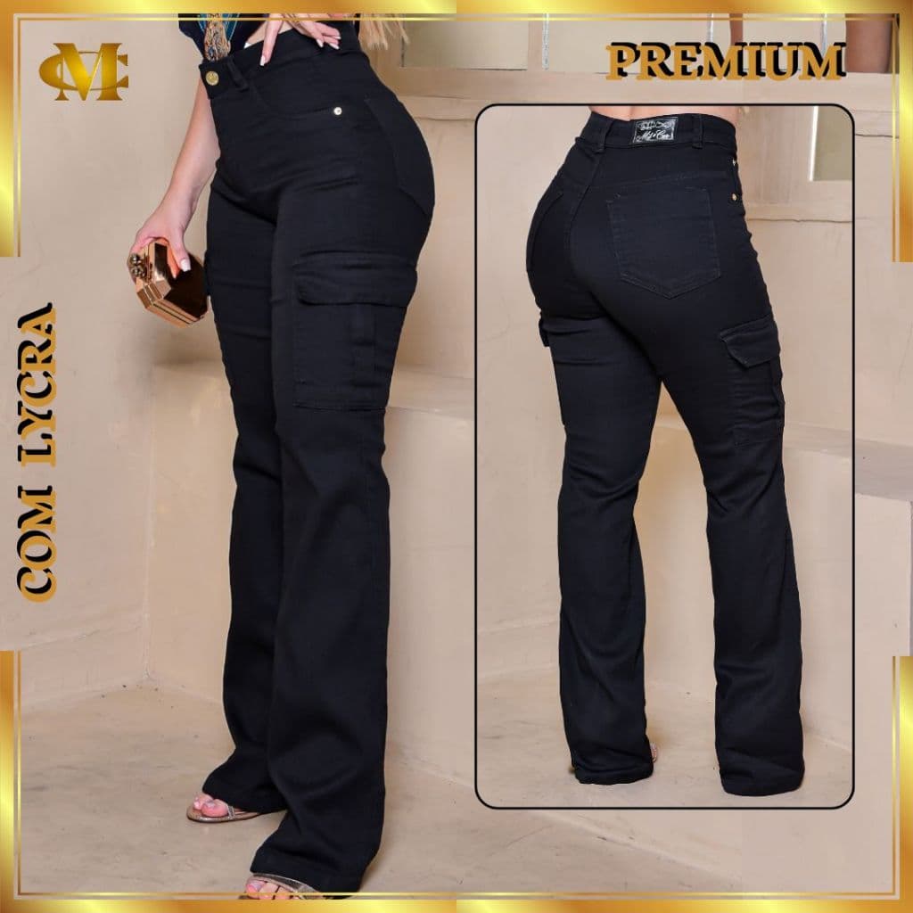 Calça Wide Leg CARGO Jeans Feminina Cintura Alta pantalona com LYCRA 36 ao 54 PLUS