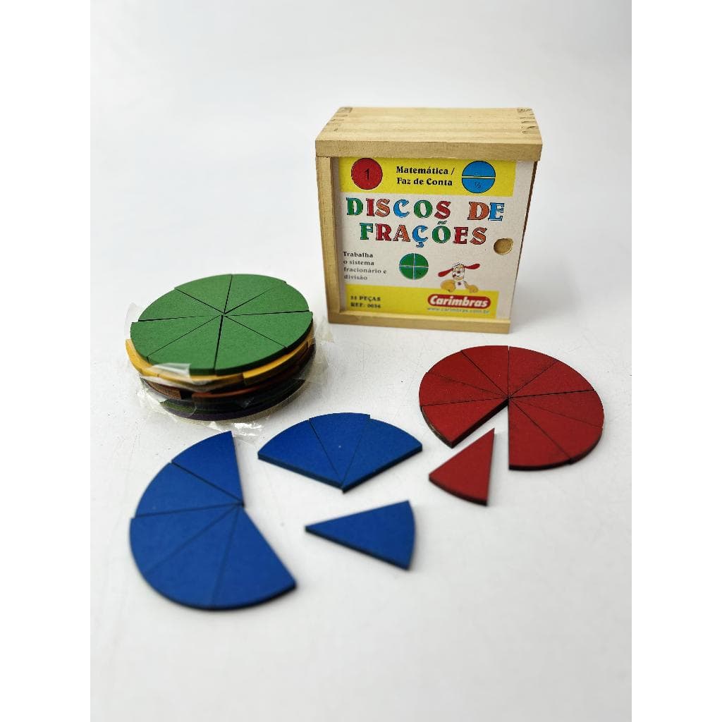 BRINQUEDO PEDAGÓGICO DE MADEIRA DISCOS DE FRAÇÕES 55 PEÇAS CARIMBRAS