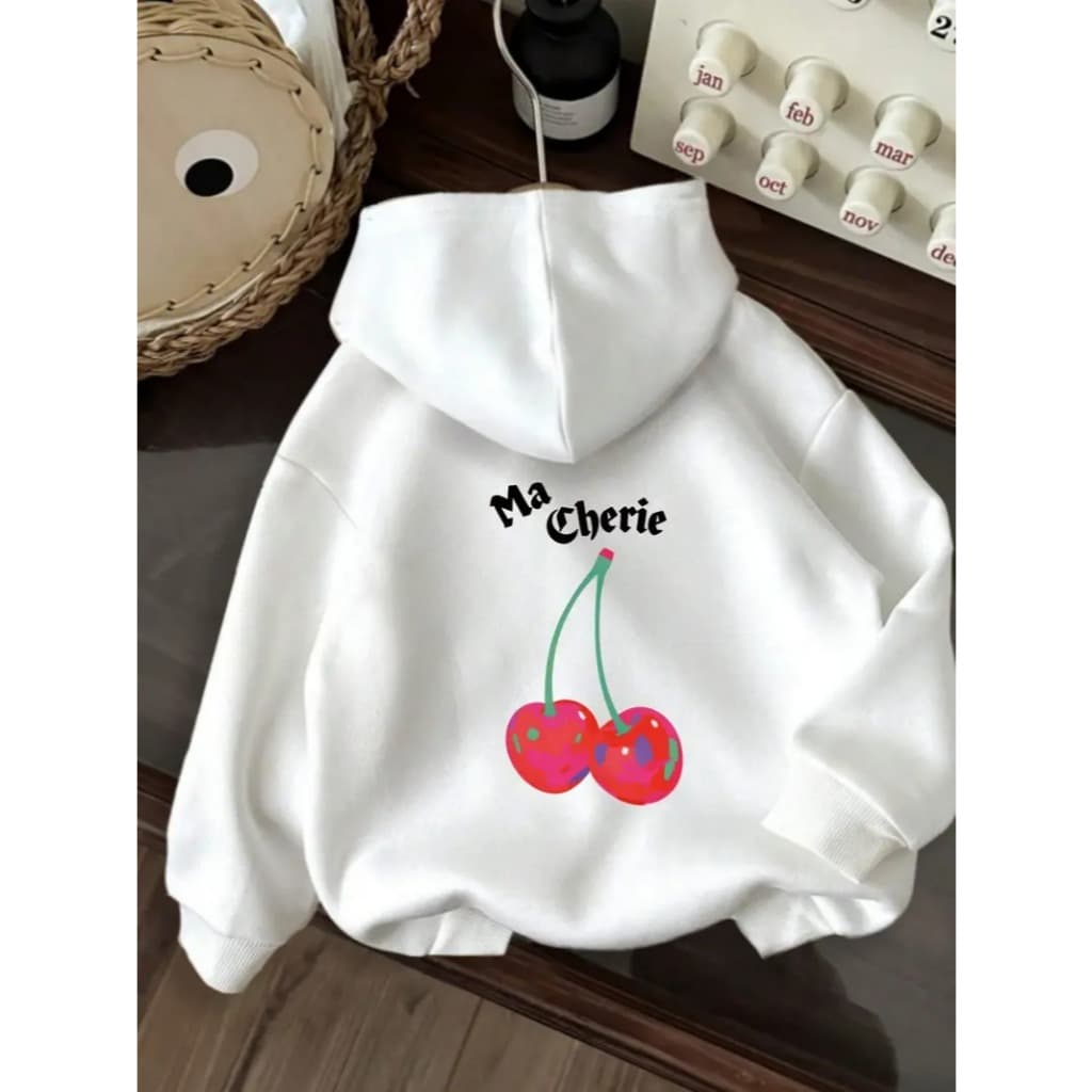 Moletom rosa com capuz 'Ma Cherie' para mulheres - Moletom casual com capuz e cordão com design de cereja, tecido de pol