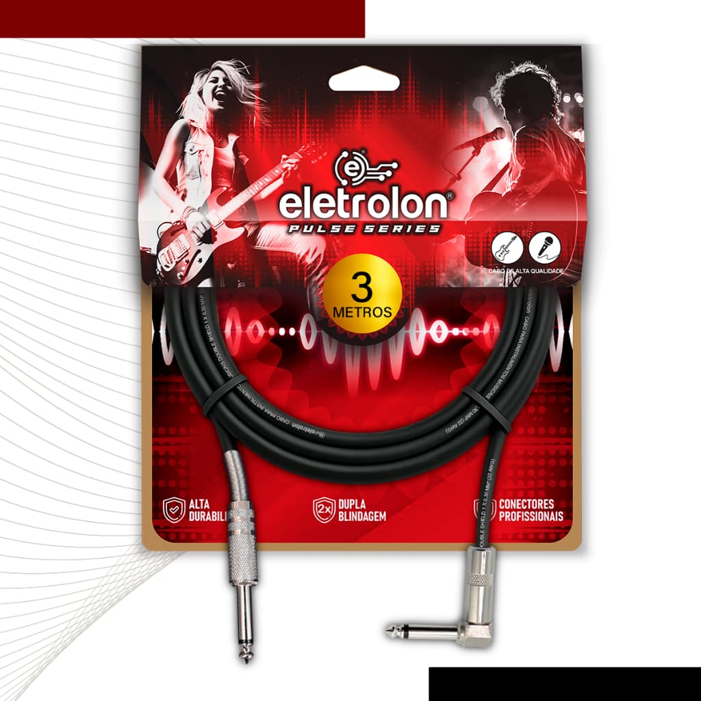 Cabo P10 Mono Para P10 Mono 90º Graus Violão Guitarra Baixo 3m Metros - Pulse Eletrolon