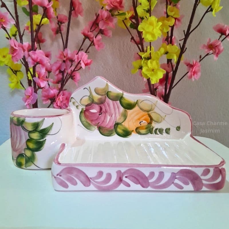 Porta detergente Sabão e esponja de cerâmica Esmaltada Louça Pintado a Mão Estilo Retrô Decoração