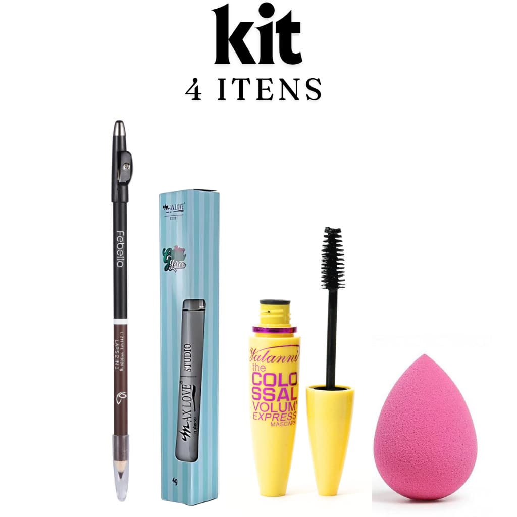 Lápis de Olhos 2 em 1 com Apontador, Gloss Labial de Maça, Esponja gota de pó e base kit Maquiagem