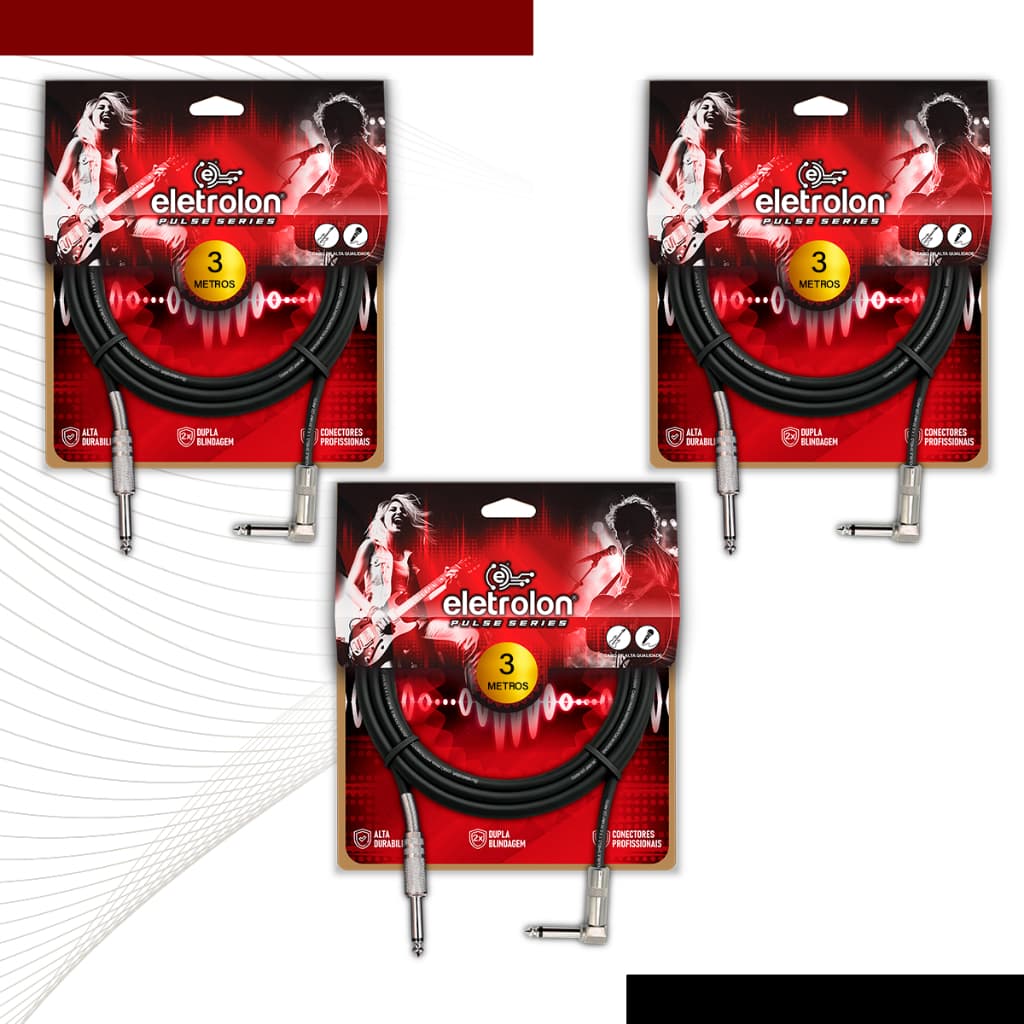 Kit 3 Cabo P10 Mono Para P10 Mono 90º Graus Violão Guitarra Baixo 3m Metros - Pulse Eletrolon