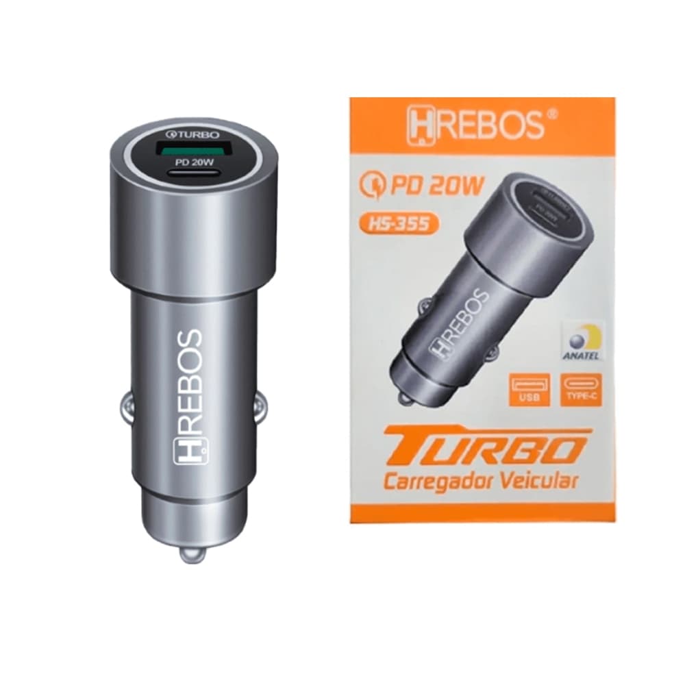Carregador Veicular Tipo-C Turbo 20w HRebos HS-355c Fonte Carro