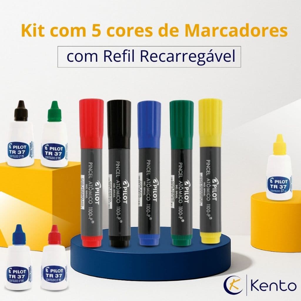 Pincel Atômico Pilot 1100P Kit 5 Cores com Refil Recarregável Permanente Canetão Ideal para Cartaz Avisos Flip Shart
