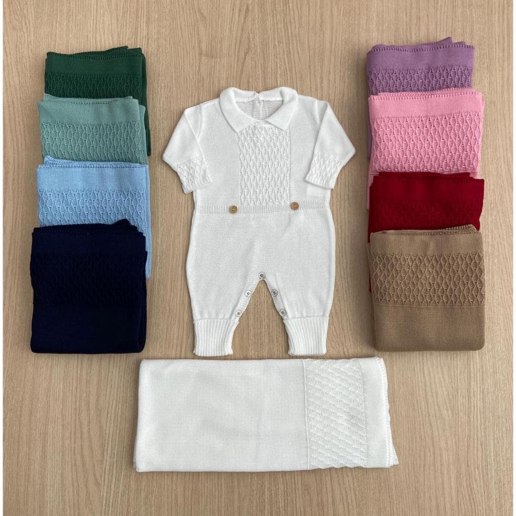 Kit Macacão Gola Manta Saìda Maternidade  Menino Menina Bebê Tricô RN