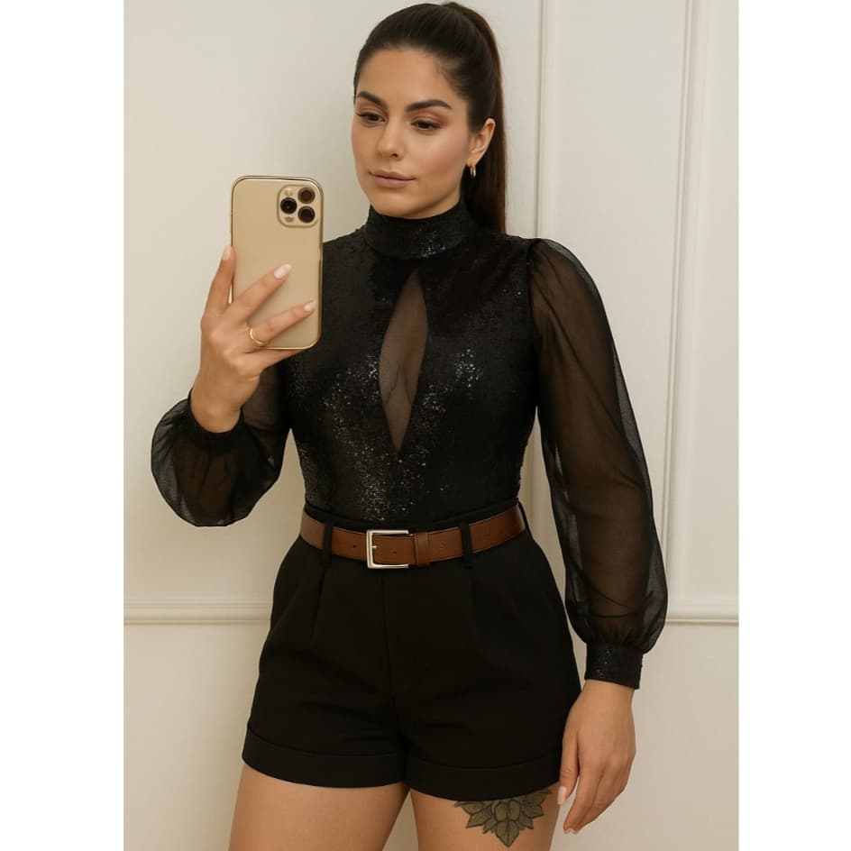 Conjunto Body Manga Transparente + Short Alfaiataria