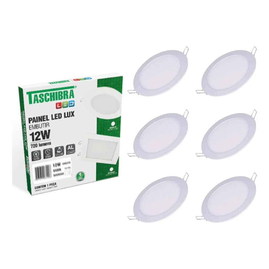 Kit 6 Painel Plafon Led Redondo Embutir 12w Bivolt Taschibra