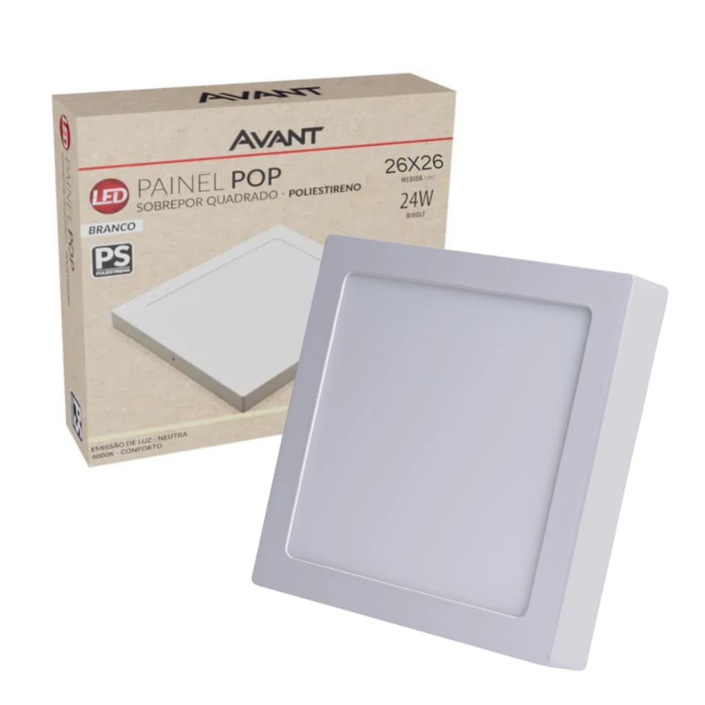 Luminária Painel Led 24w Sobrepor 26cmx26cm Avant Branco Frio 6500k