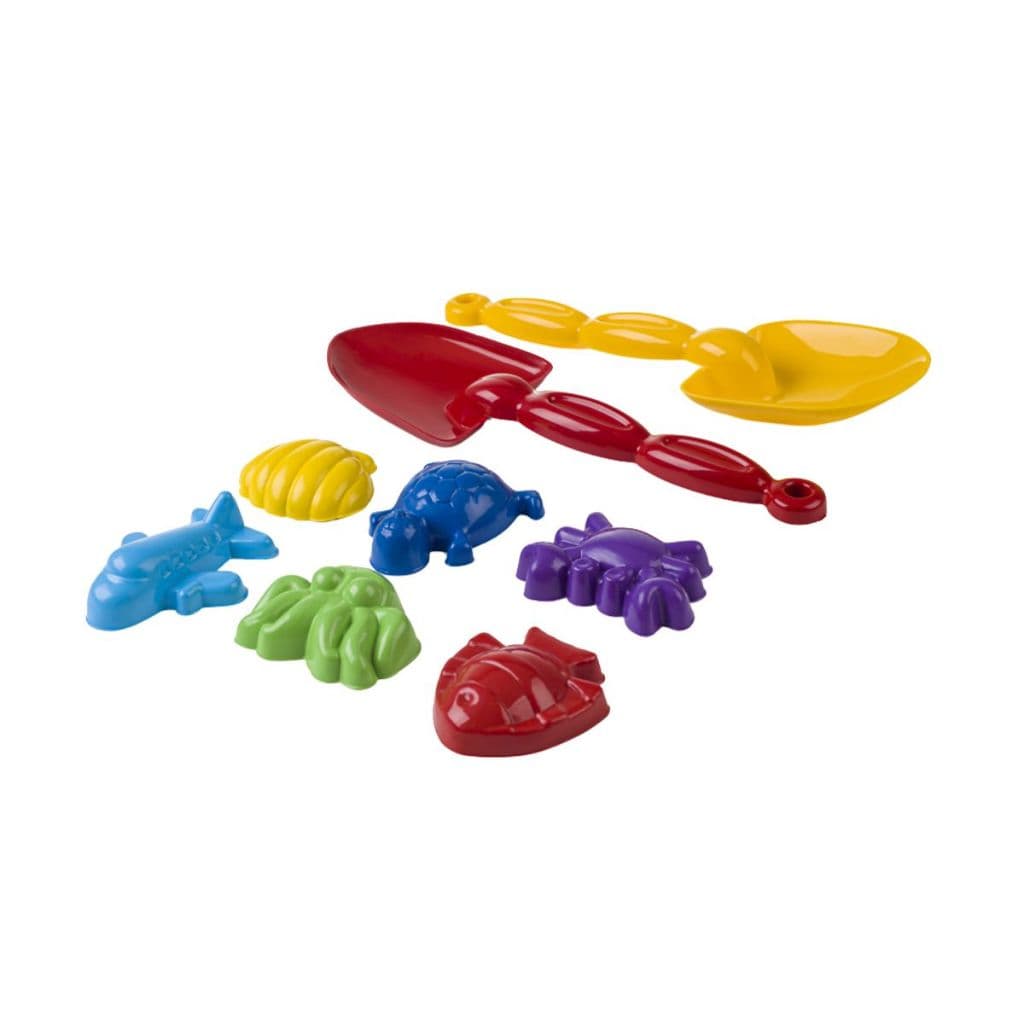 Kit Praia Infantil 8 Peças 2 Pás e 6 Forminhas Areia Brincar Férias Criança Criatividade Coordenação Motora