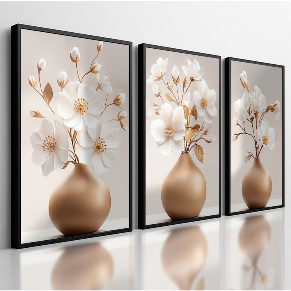 Quadro Decorativo Vaso Floral Branco Flor 3 Peças Mosaico Sala Quarto Escritório