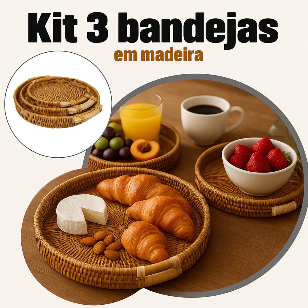 Kit 3 Bandejas Redondas Madeira Decorativas Servir Café Petiscos Organização Mesa