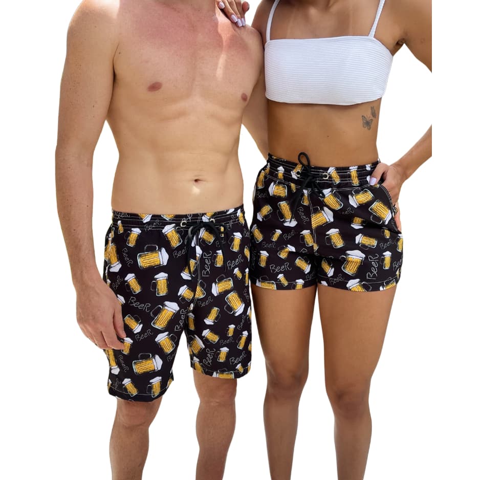 Short Kit Casal Mozao Chopp Canecas elastano Bermuda Praia Casual Casal Combinando Namorados