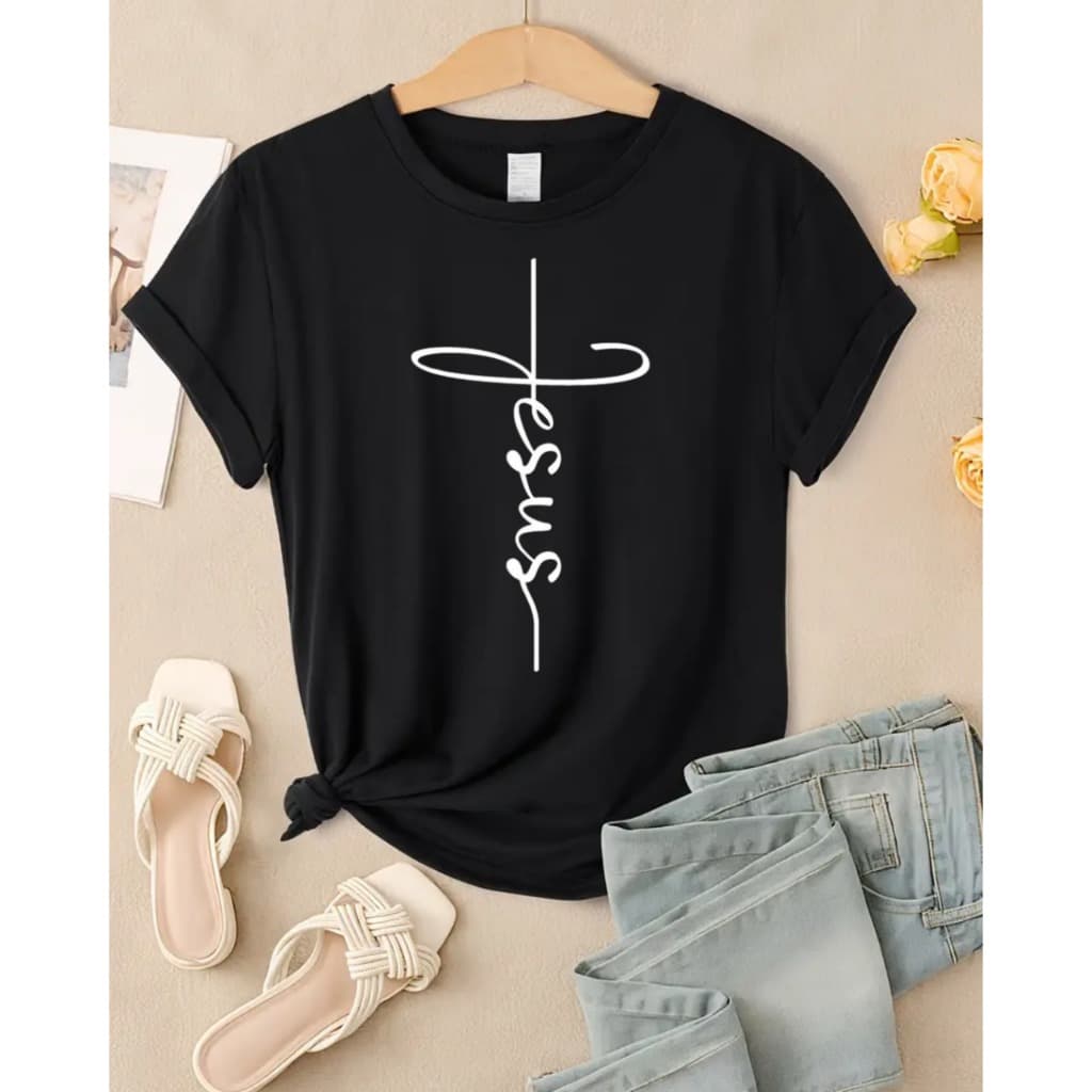 Camiseta Preta Jesus Camiseta Básica Igreja Camiseta Tshirt  Blusa Algodão