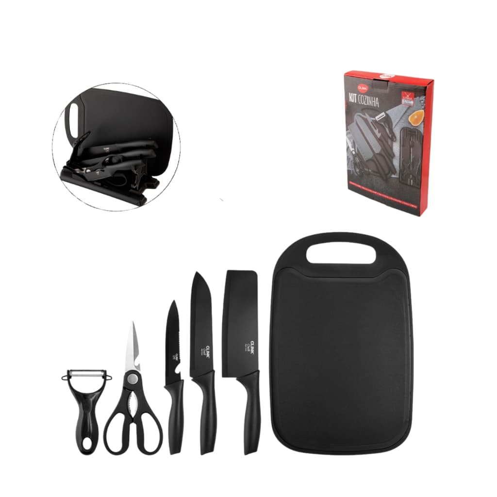 Conjunto de Facas Inox para Cozinha 7 Peças com Tábua, Tesoura e Afiador