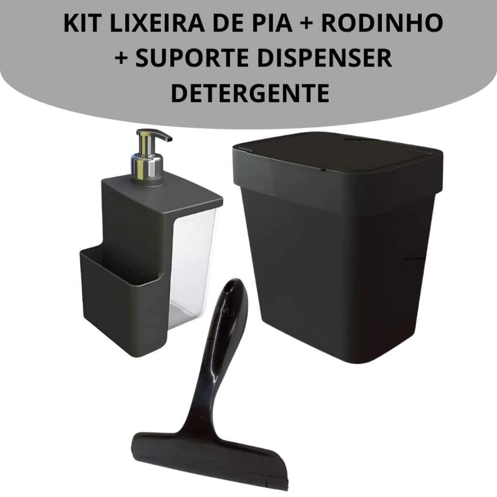 Kit Suporte Dispenser Detergente + Rodo de Pia + Lixeira de Pia 2,5
