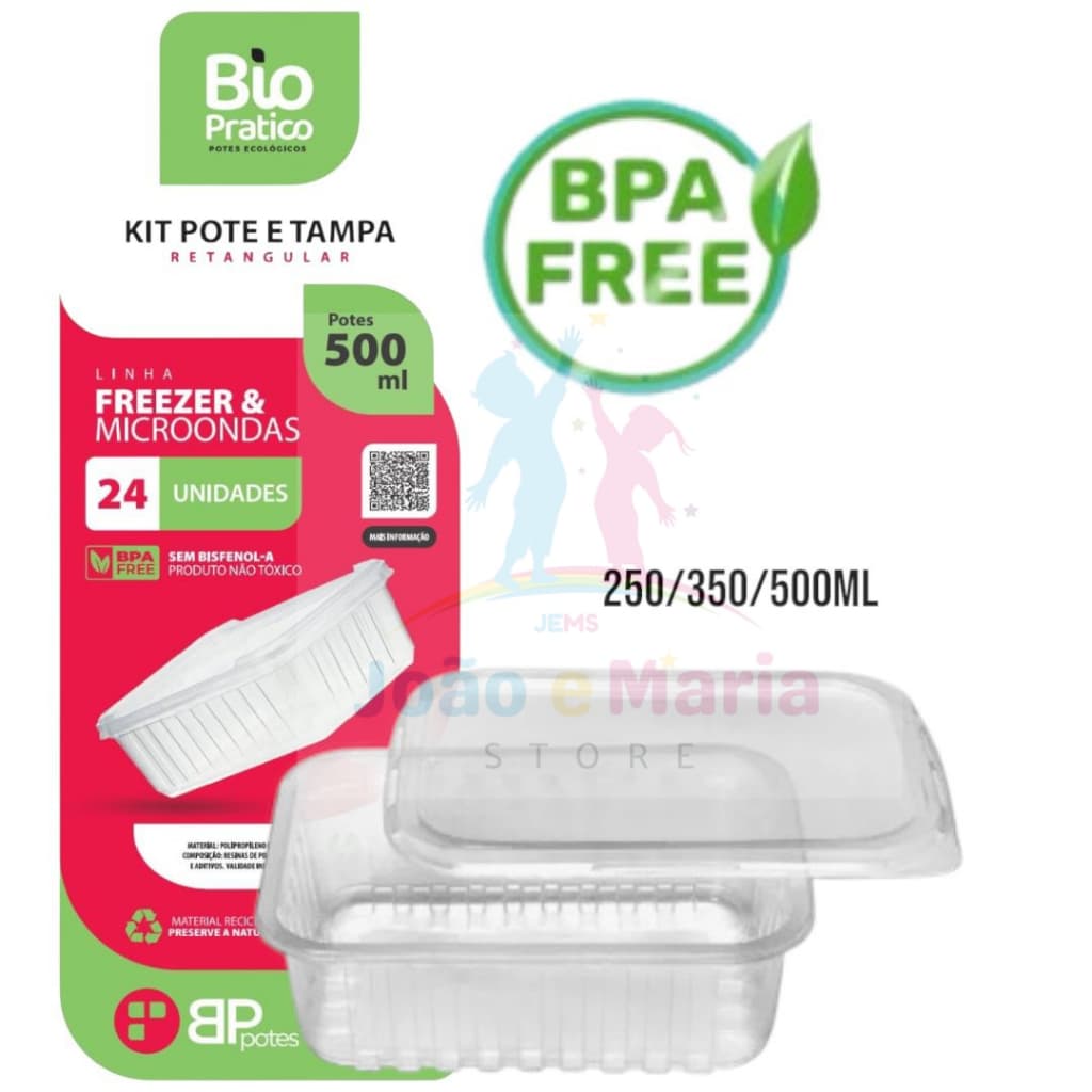 Kit 24 unid. Pote Plástico Retangular Descartável 250 / 350 / 500ml Microondas Freezer
