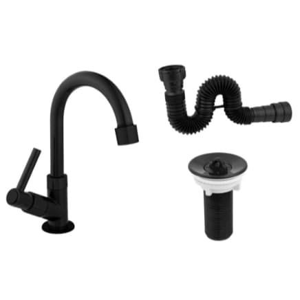 Kit Para Cuba Lavatório Torneira Pia de Banheiro Preta ABS + Valvula 7/8 + Sifão