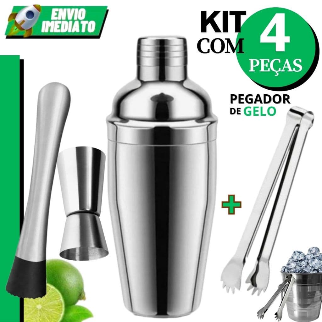 Kit Caipirinha Coqueteleira Inox 4 Peças - Espremedor Coqueteleira 750ml Socador Macerador Dosador