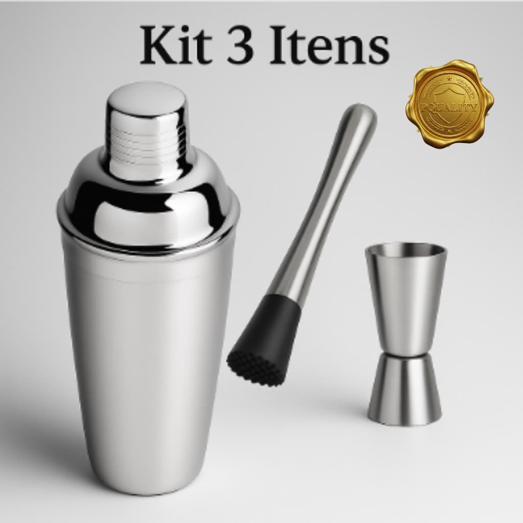 Kit Barman/Bartender 750ml Inox Profissional 03 Peças - Coqueteleira, Socador, e Dosador