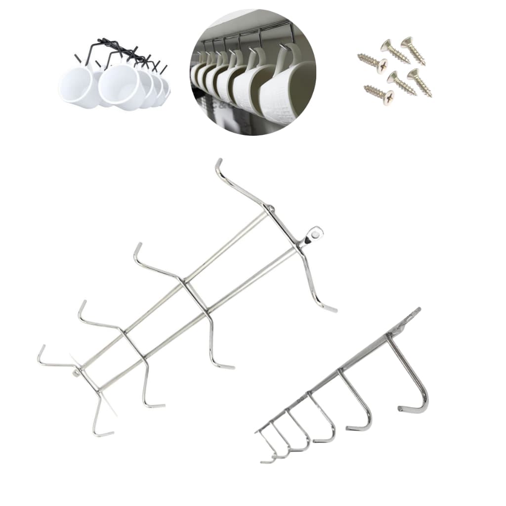 Kit 2 Suporte Organizador Porta Xicaras Fixar Interior ou Exterior Móveis Aço Cromado Antiferrugem Cozinha + Parafusos