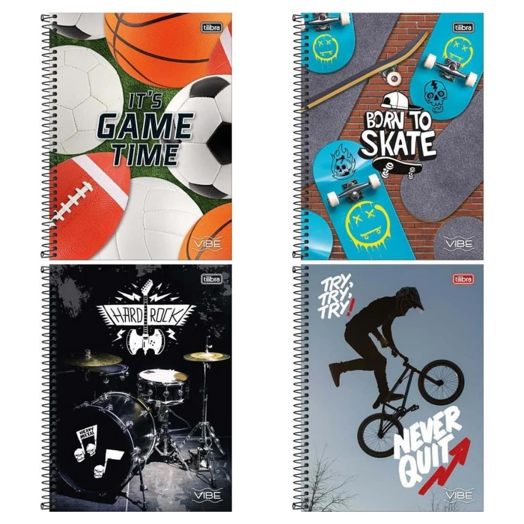 4 Cadernos Espiral Capa Dura Universitário 1 Matéria Vibe 80 Folhas Tilibra