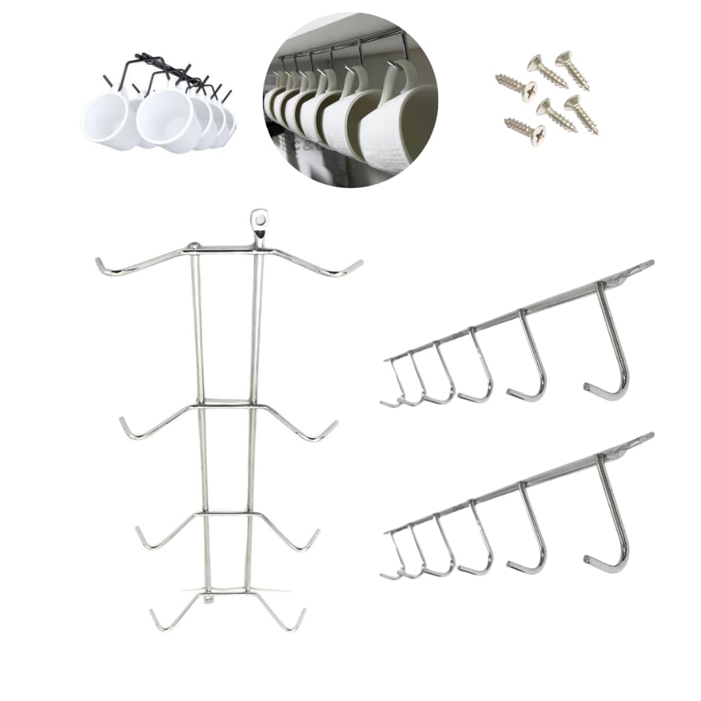 Kit 3 Suporte Organizador Porta Xicaras Fixar Interior ou Exterior Móveis Aço Cromado Antiferrugem Cozinha + Parafusos
