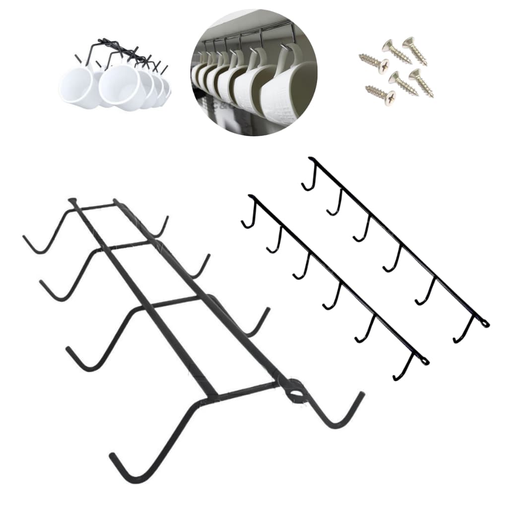 Kit 3 Suporte Organizador Porta Xicaras Fixar Interior ou Exterior Móveis Aço Preto Antiferrugem Cozinha + Parafusos