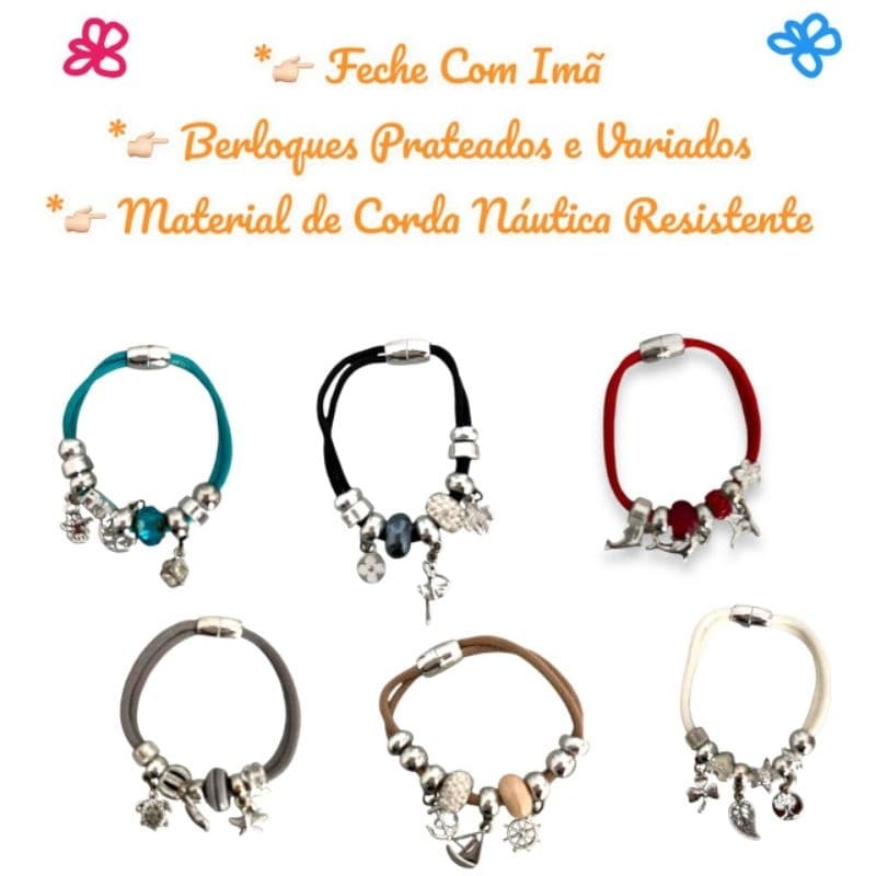 Pulseira Corda Náutica Feminina Colorida Resistente Fecho em Imãs Com Berloques Prateados Variados