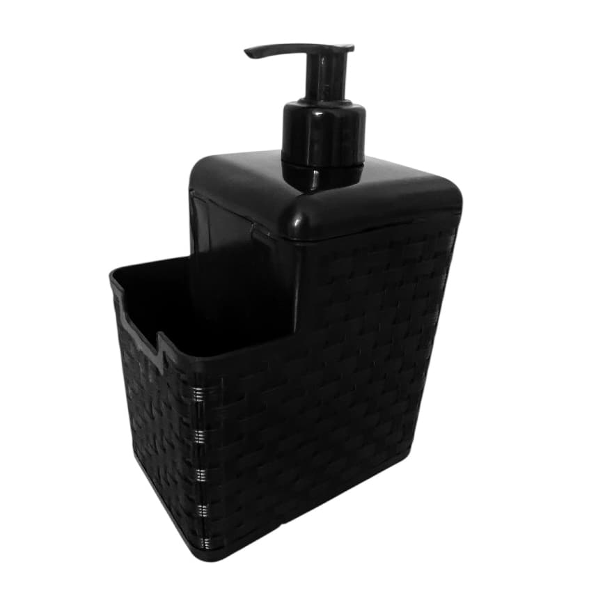 Porta Detergente 500 Ml Com Suporte para Sabão Liquido e Esponja Em Rattan Preto Com Bico Dosador
