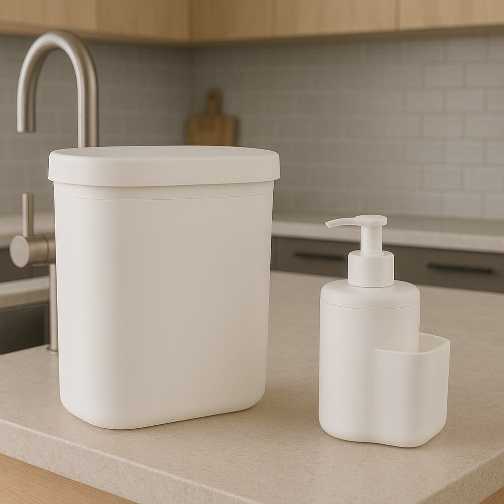 Kit Organizador de Pia Branco – Lixeira 3,5L + Dispenser com Porta Detergente e Esponja – Design Moderno e Prático