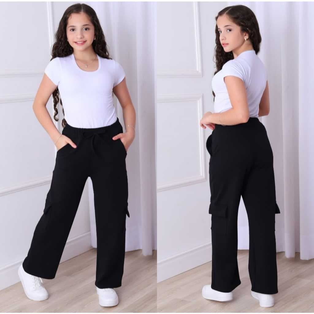 calça cargo  juvenil  tecido  malha crepe  calça feminina infantil  calça wide leg juvenil  cargo calça  flare menina