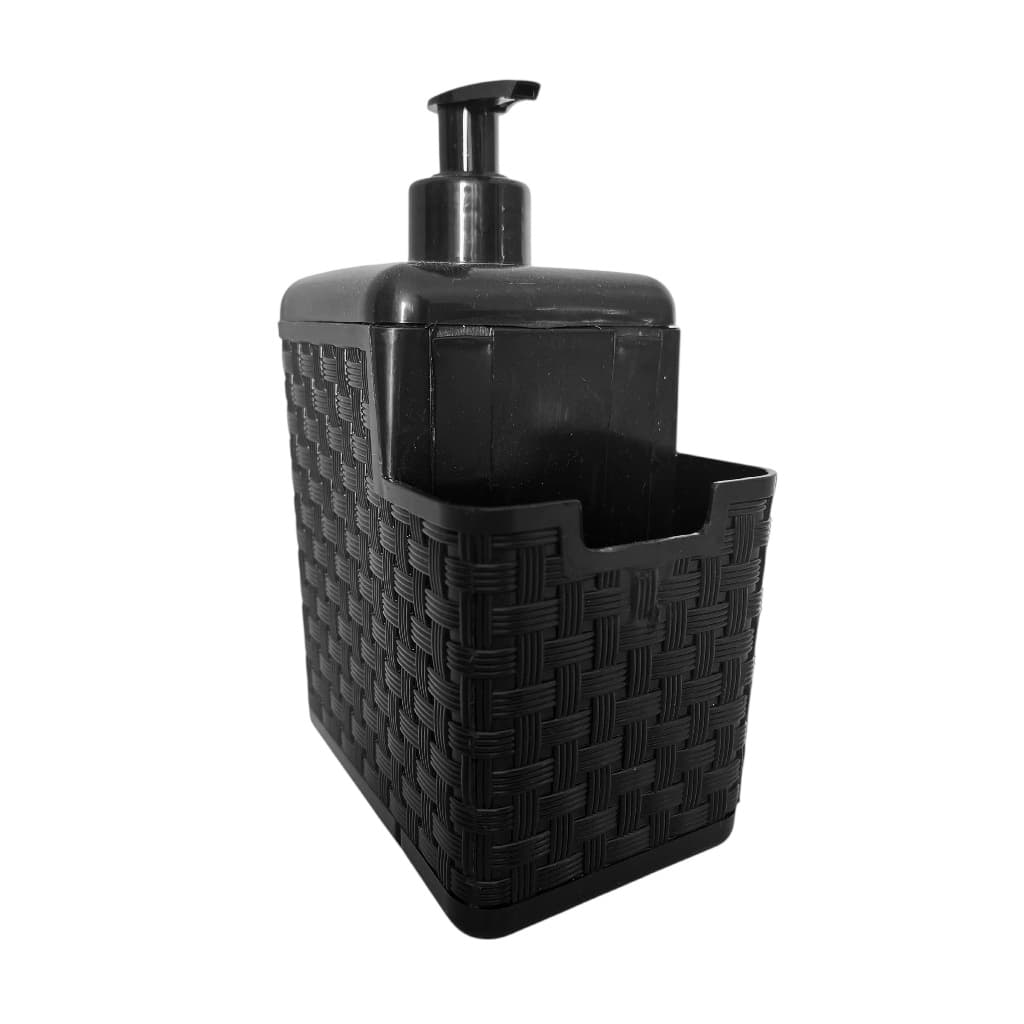 Porta Detergente 500 ML Com Suporte Para Sabão Liquido e Esponja em Rattan Preto Com Bico Dosado