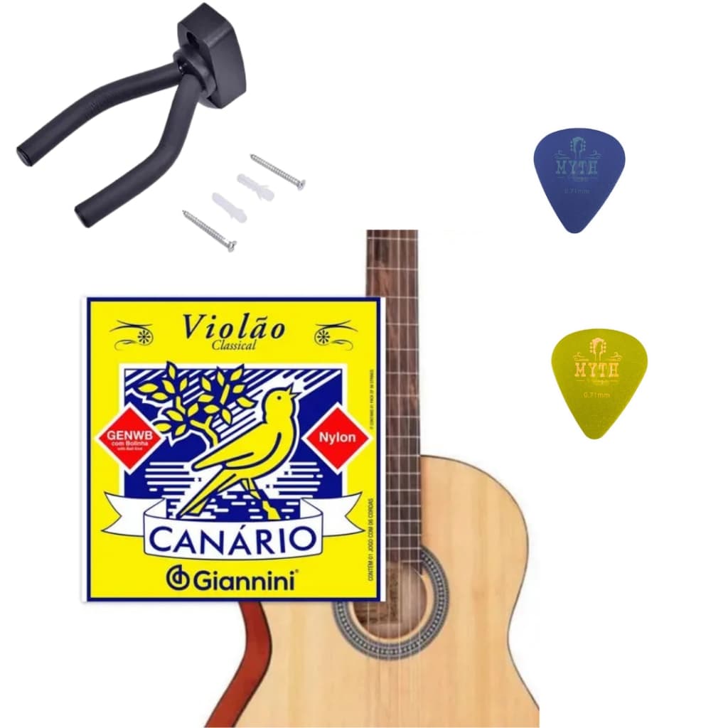 Cordas Encordoamento Para Violao Nylon C/Bolinha Canario+ 2 Palhetas Abs + Suporte de Parede Para Instrumento de Cordas