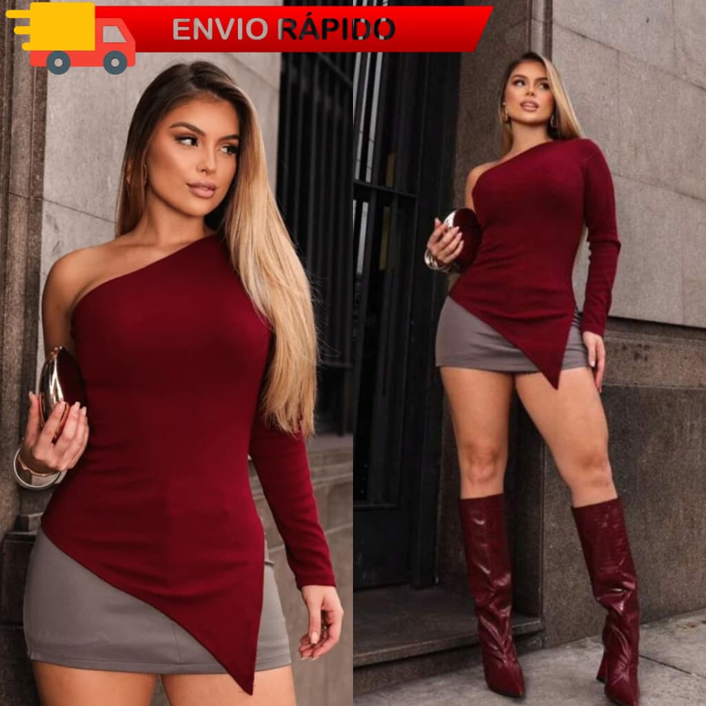 Blusa Feminina Assimétrica Mula Manca Ombro Só Inverno Ribana Canelada Versátil Telha Preto Marrom Tendência Manga longa