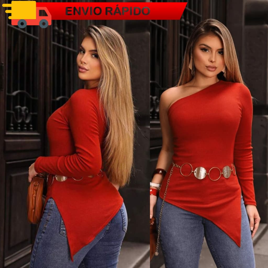 Blusa Feminina Assimétrica Manga Comprida Mula Manca Ombro Só Ribana Canelada  Telha Preto Marrom Tendência