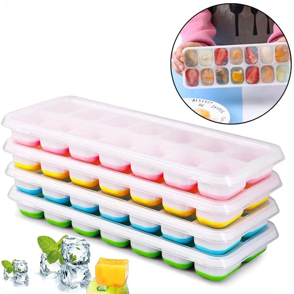 Kit 2 Formas de Gelo Silicone com Tampa Rígida Flexível Fundo 14 Cubos Retangular Multiuso Lavável