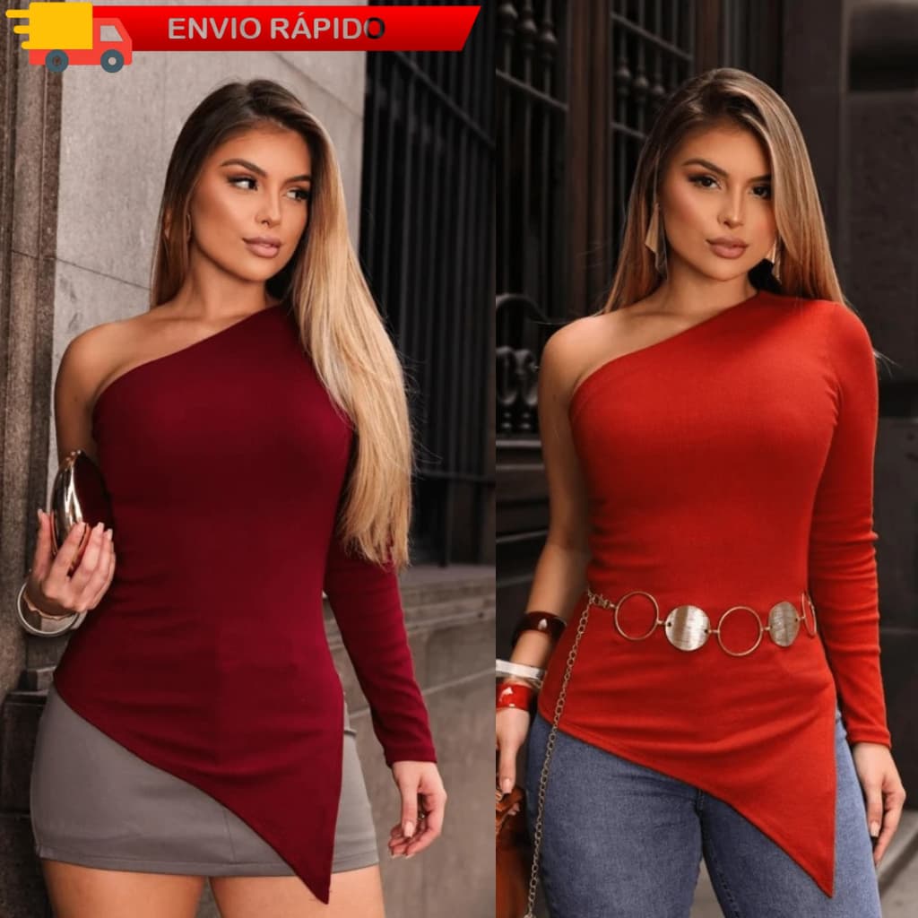 Blusa Feminina Assimétrica Manga Comprida Mula Manca Ombro Só Ribana Canelada Manga Longa Telha Preto Marrom Estilosa