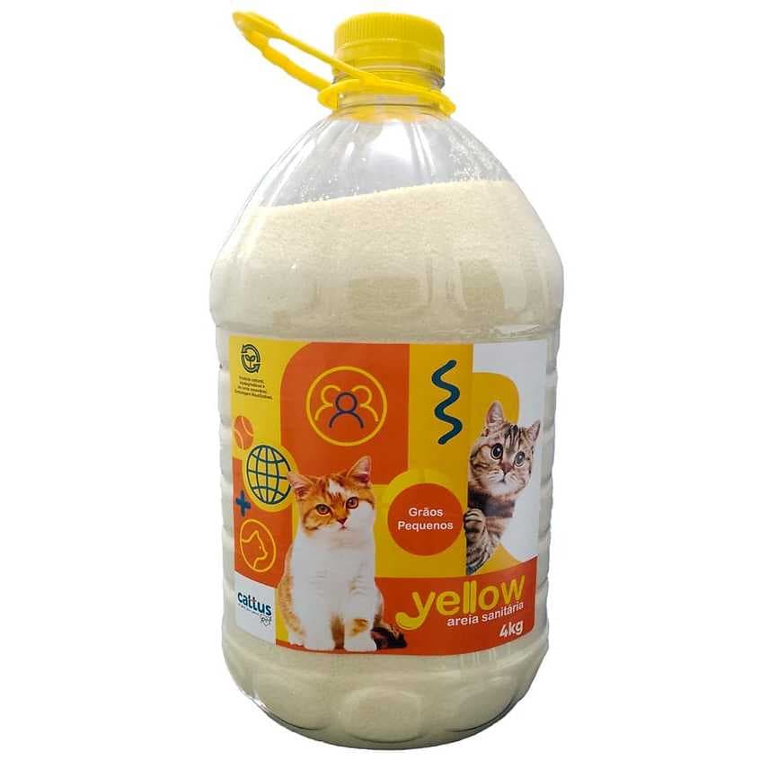 Areia Sanitária Yellow 4 kg vem dentro de um galão Mandioca pode jogar na privada
