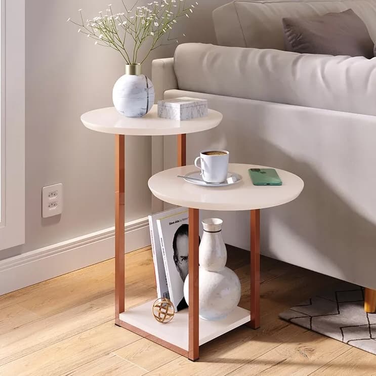 Mesa de Apoio Sala Alta Redonda Quadrada Lateral de Cama Cor: Off White Rosê Gold Luisa