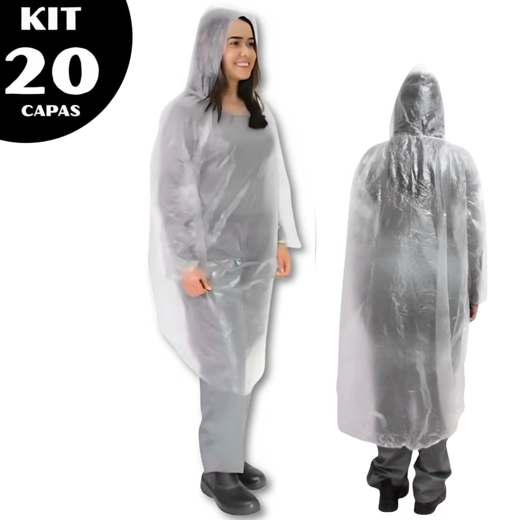 Kit 20 Capa Chuva Com Capuz Adulto De Plástico Transparente Eventos Unissex Descartável Proteção