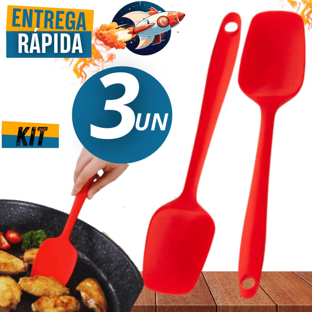 Kit 03 Utensílios Espátula de Silicone Para Cozinha Espatula reta Linha Premium Variáveis Confeitaria