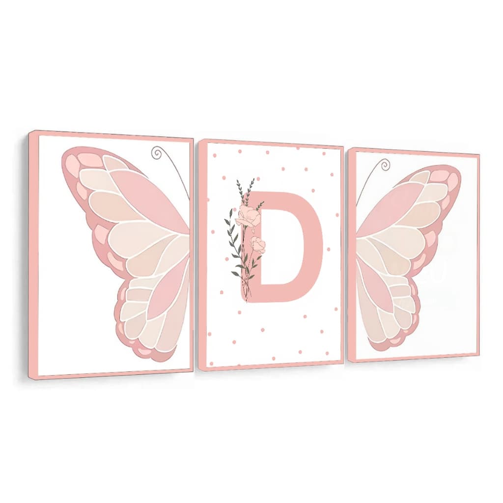 Kit Quadro Decorativo Personalizado Rosa Rose Borboleta Moderno Quarto Infantil Letras Delicado 3 Pç