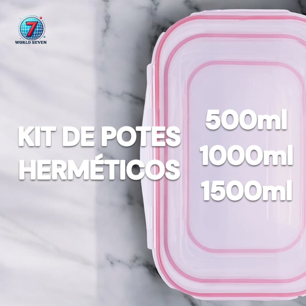 Kit 3 Potes Herméticos de Plástico - Tampa c/ TRAVA de ALTA Vedação de Silicone 500ml/1000ml/1500ml