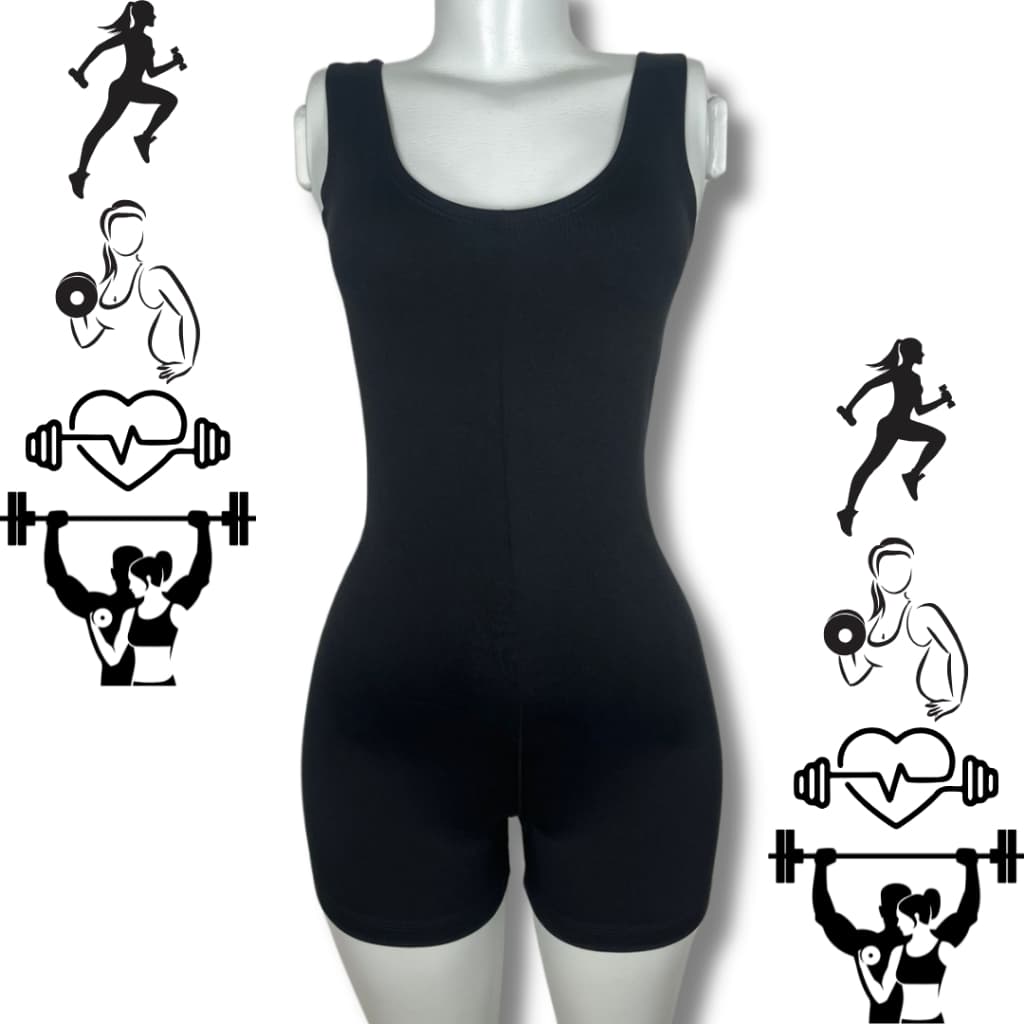 Macacão Fitness Preto Suplex Reforçado com Decote Costas Moda Academia Yoga Treino Levanta Bumbum
