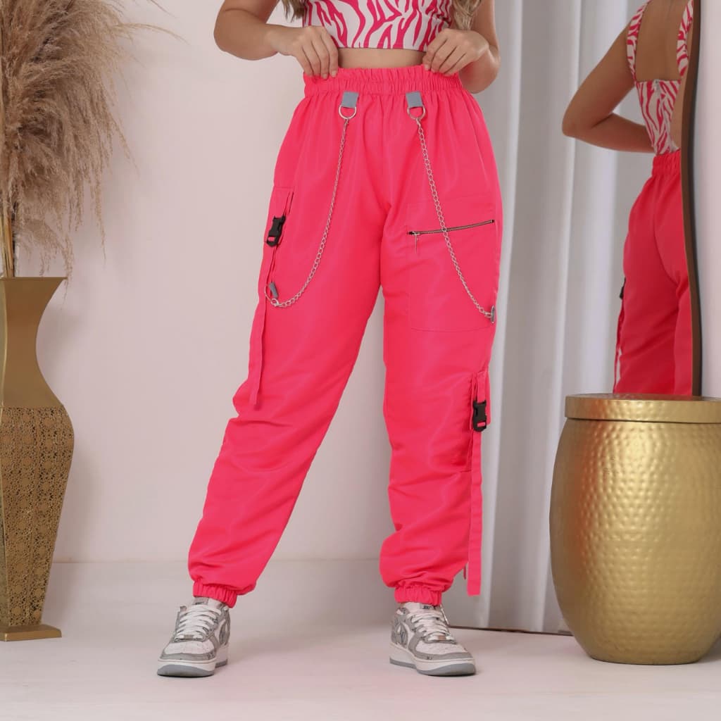 calça cargo Jogger com Correntes em rosa fúcsia Único em poliéster tactel fino imverno com estilo