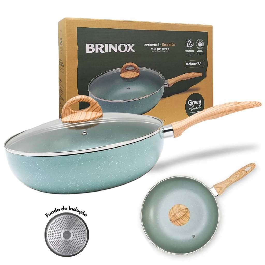 Panela Wok Frigideira Brinox Cerâmica Antiaderente Com Tampa Indução 28cm