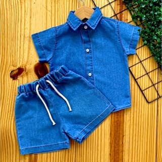 Conjunto  Jeans Infantil Mauricinho Menino Camisa e Short Confortável