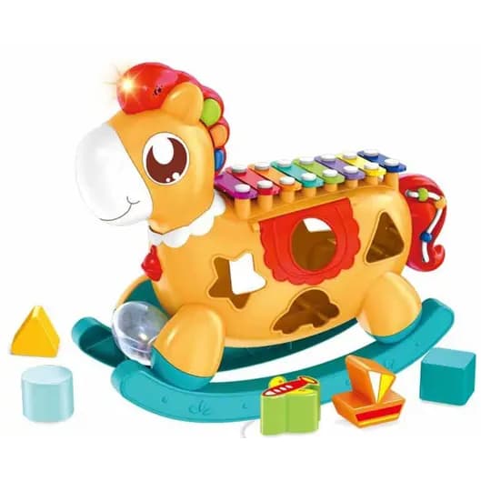Esse brinquedo na imagem é um teclado de cavalinho multifuncional infantil. Ele combina várias atividades em um só brinq