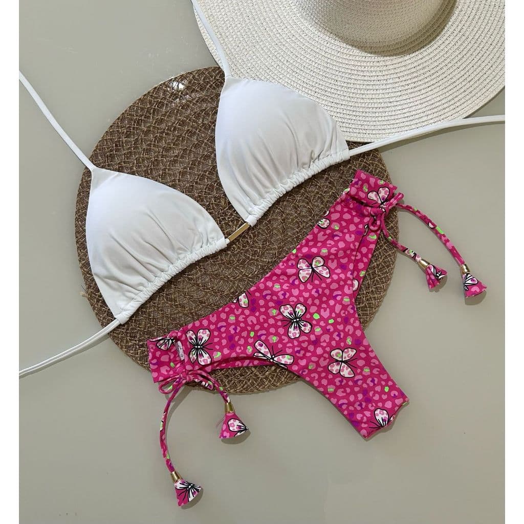 Biquini Cortininha Top liso sem babado, calcinha estampada, lançamento - Diversas Cores